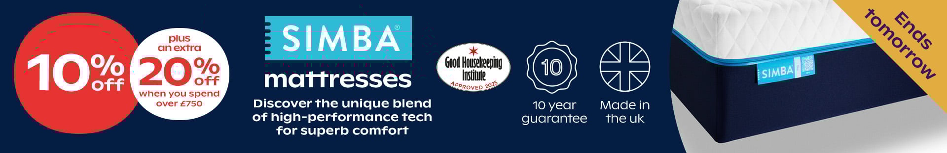 10% Off Simba mattresses - Extra 20% Off When You Spend Over £750