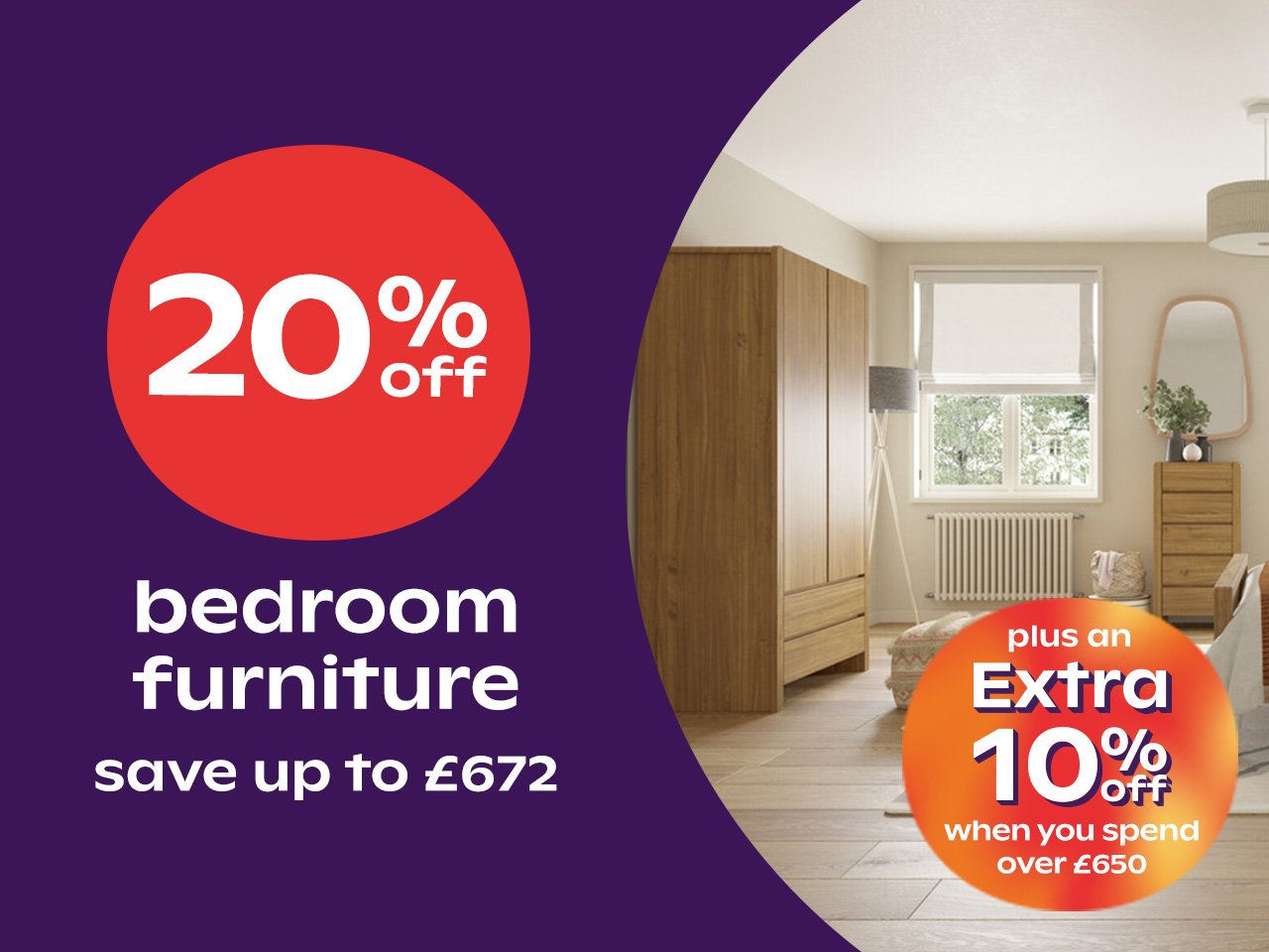 Up to 20% Off Bedroom Furniture + 10% Off When You Spend Over £650