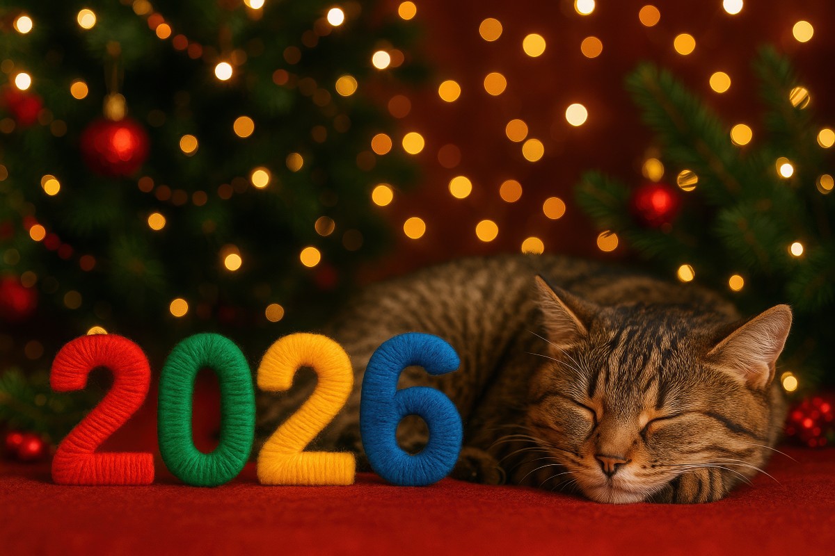 A kitten snoozing sweetly beneath a Christmas tree beside a 2026 new year sign made from coloured twine