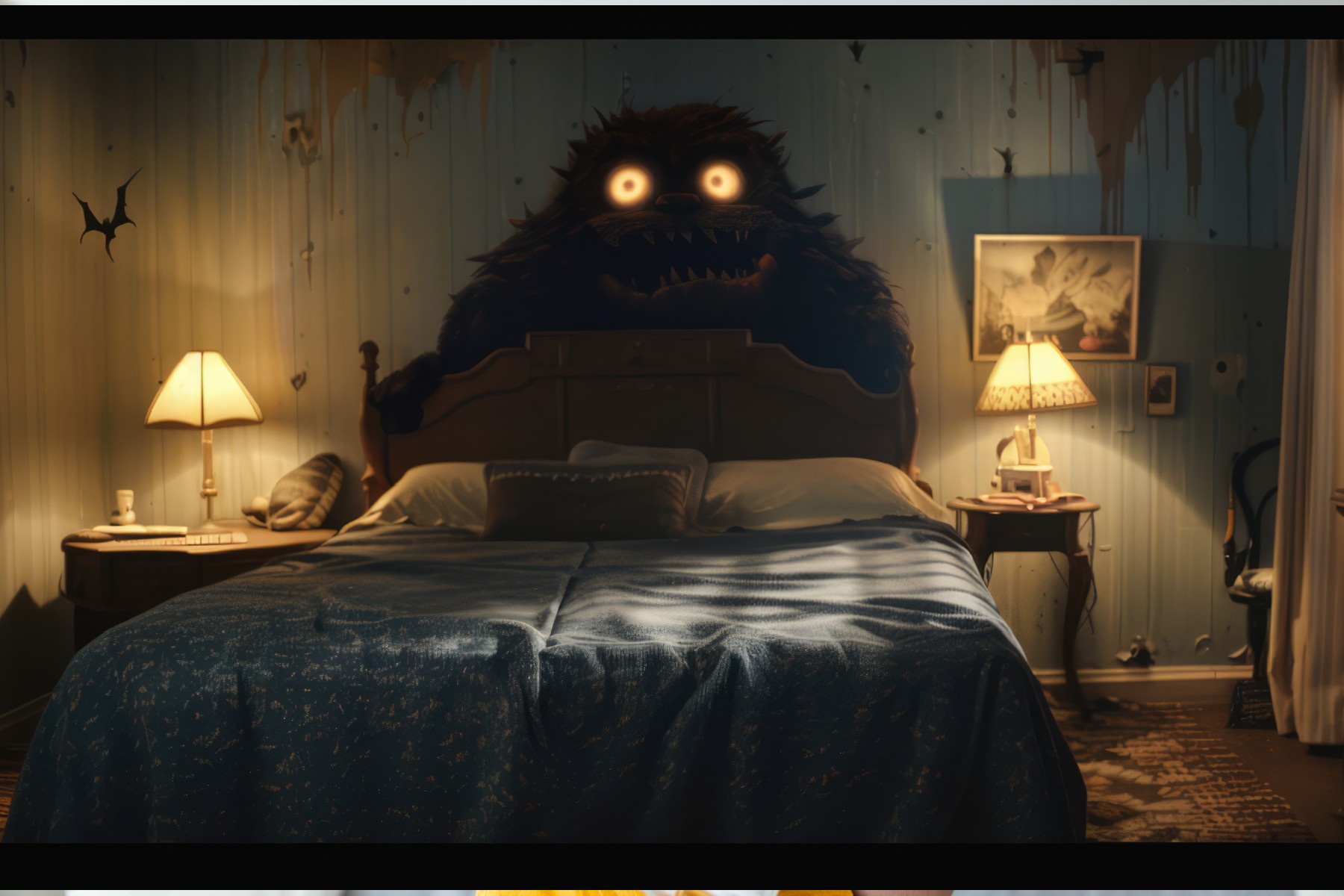 A monster lurking within the wall behind the bed, illuminated on either side by wall lamps.