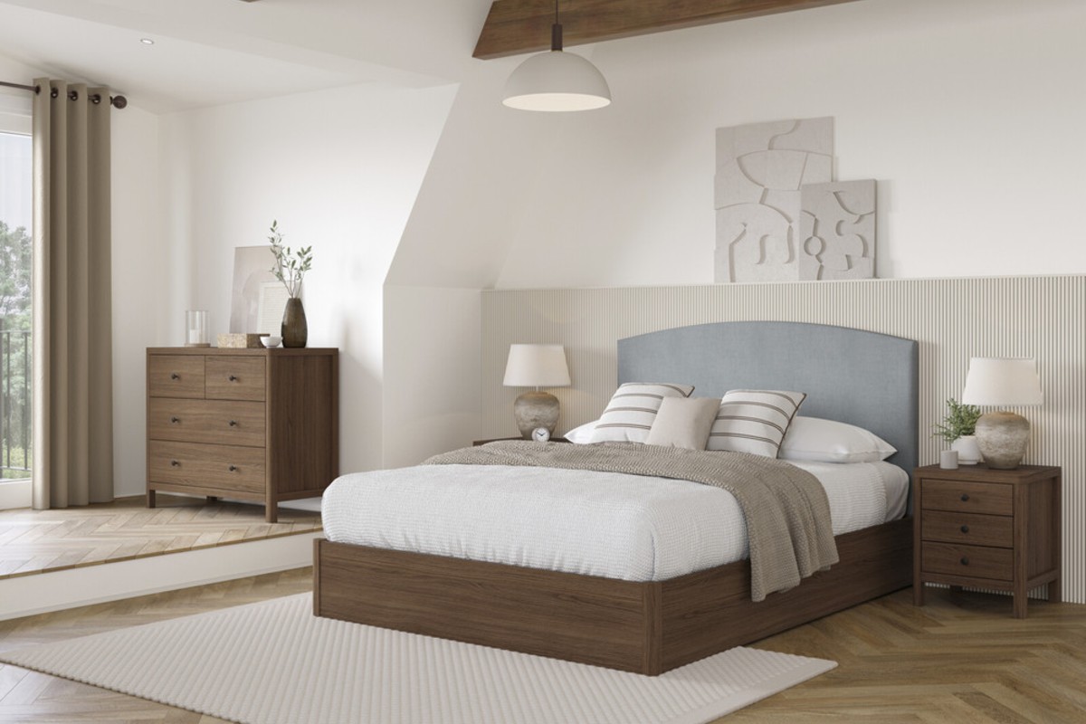 Corrigan Curved Ottoman wooden Bed Frame in a neutral, calming bedroom design