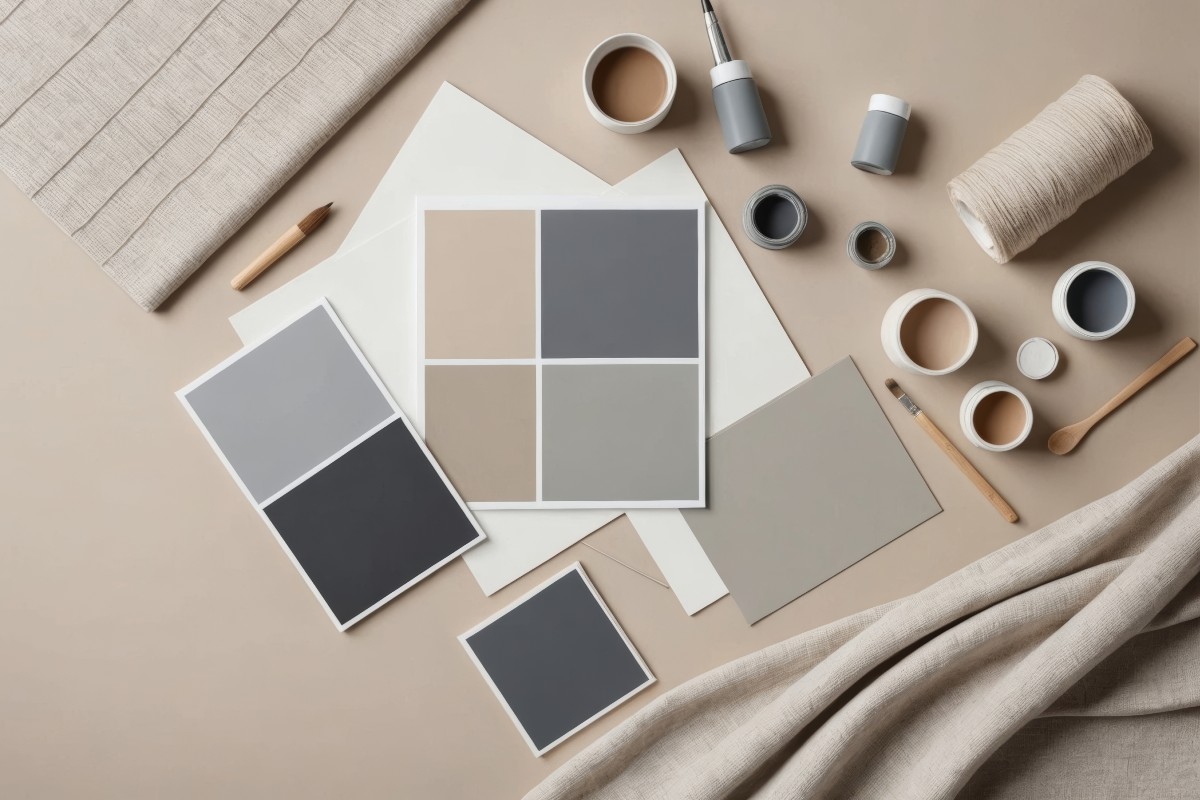 A mood board pairing grey, beige and taupe coloured paint swatches and pots