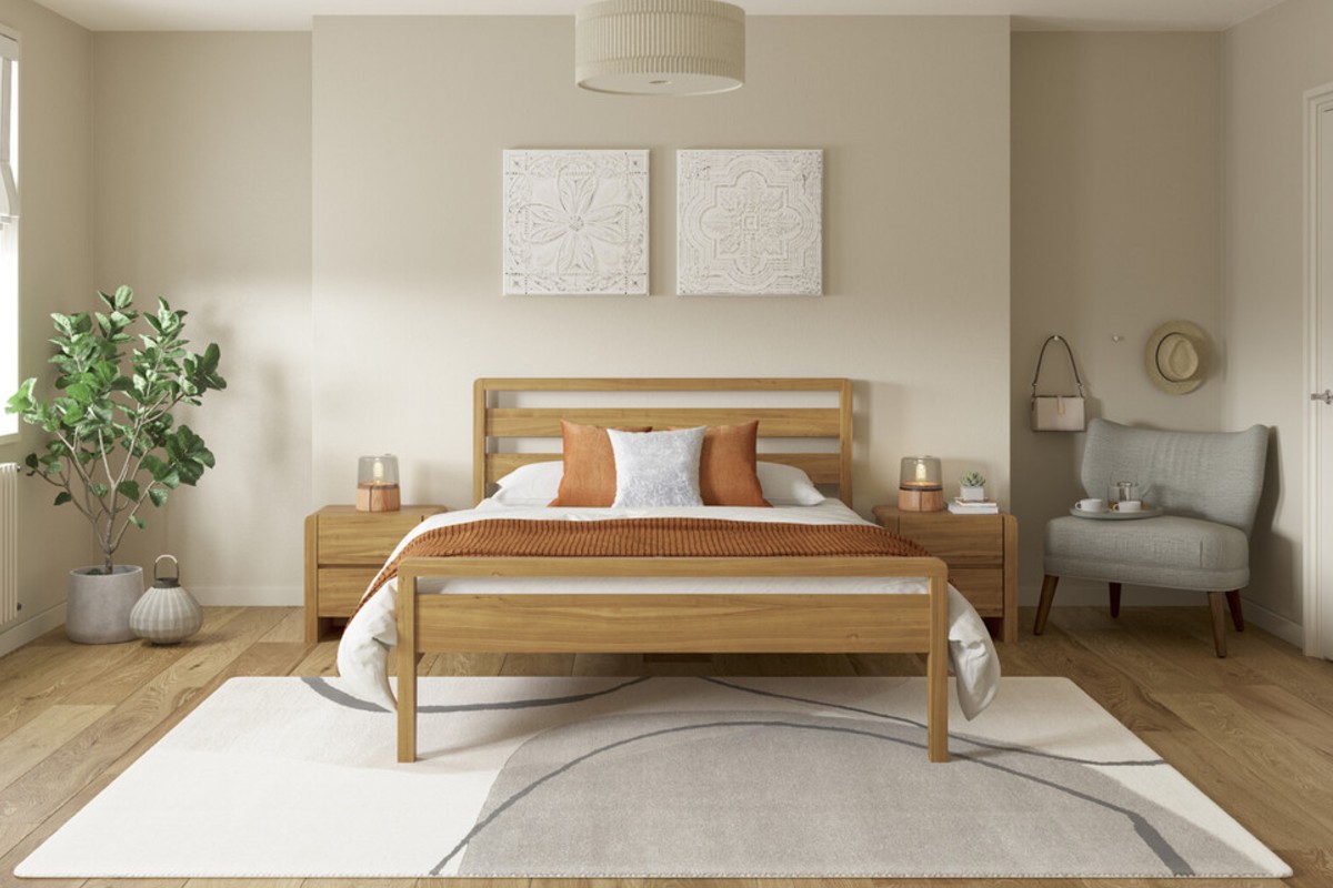A warm wooden bedframe in bedroom