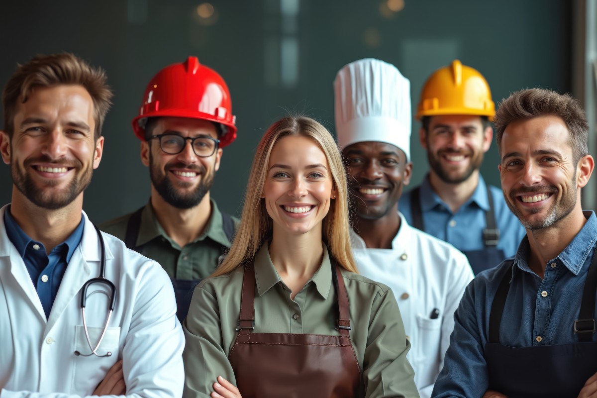 A group of professionals collectively wearing their different uniforms