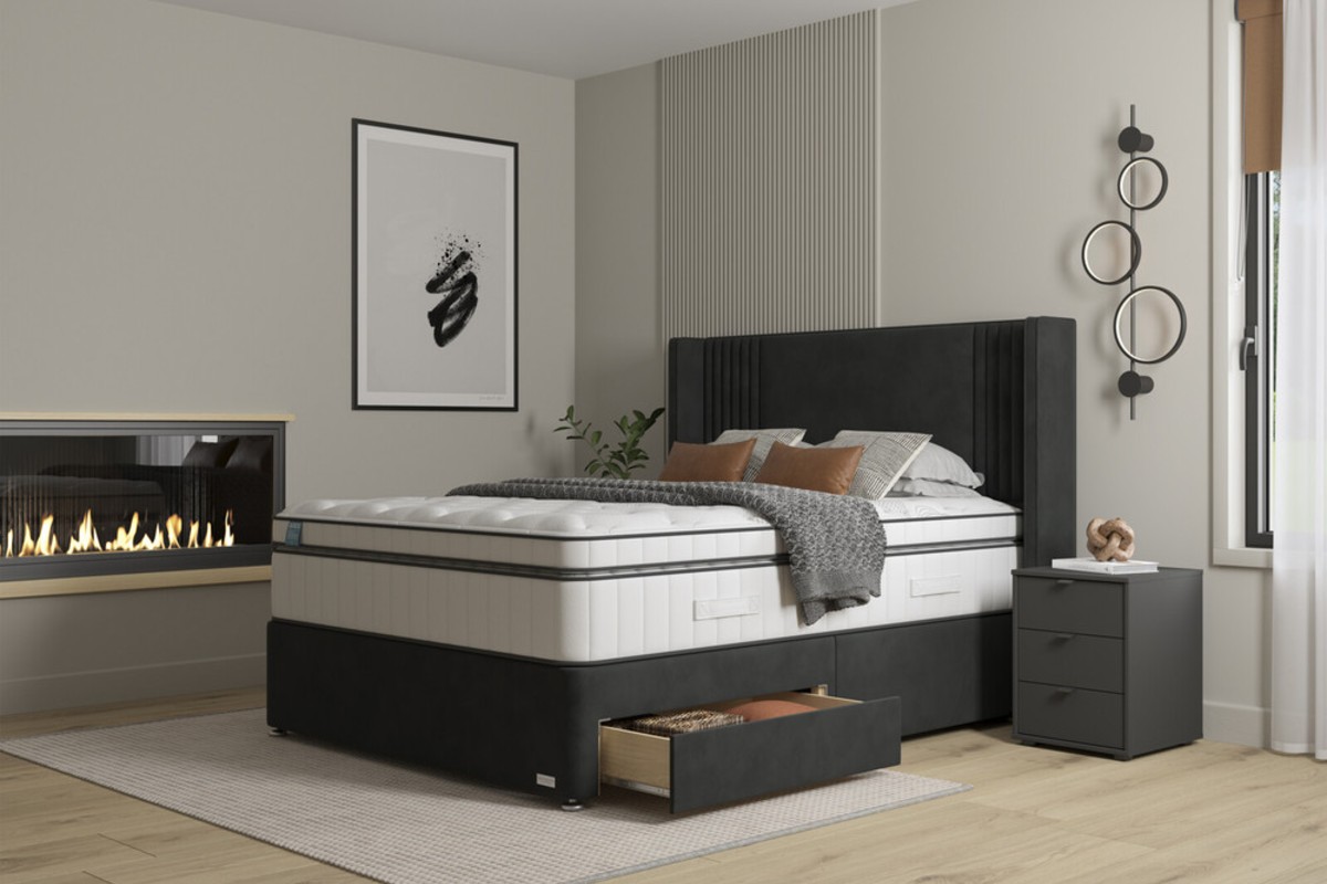 iGel NanoTech 5000i Mattress and Black Upholstered Divan Bed Set on Glides