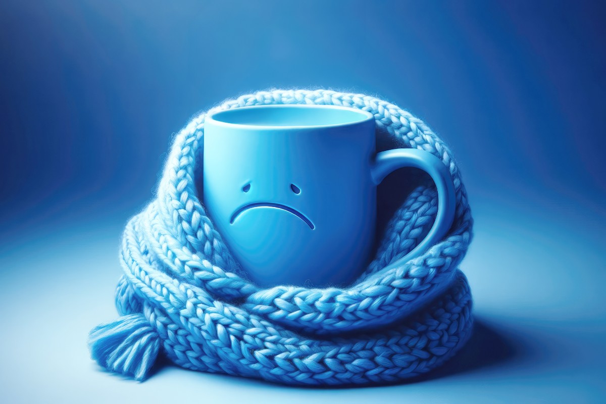 A blue mug featuring a sad face, wrapped in a blue scarf and set against a blue background.