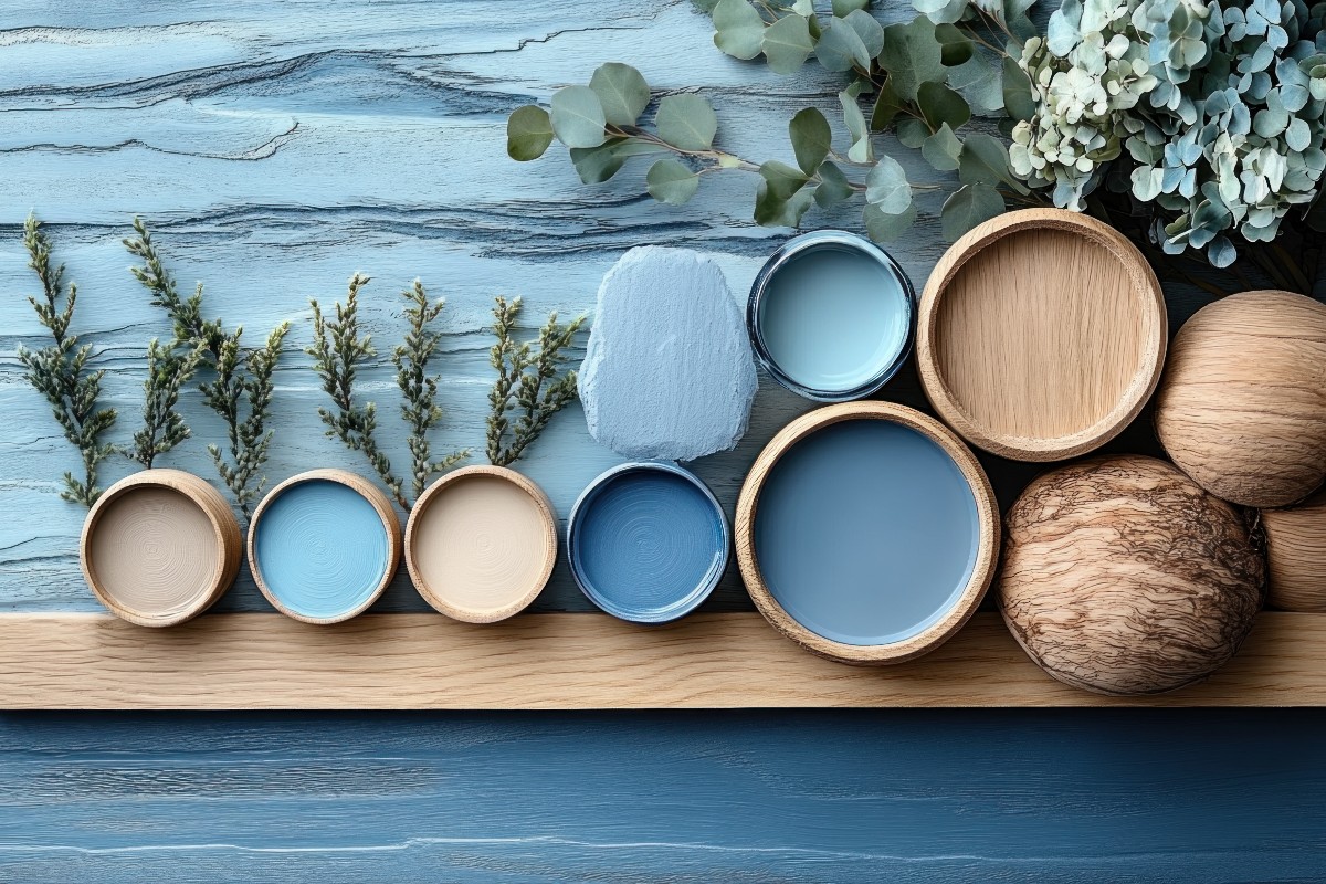 A blue bedroom mood board featuring different shades of blue and a few wooden and natural elements