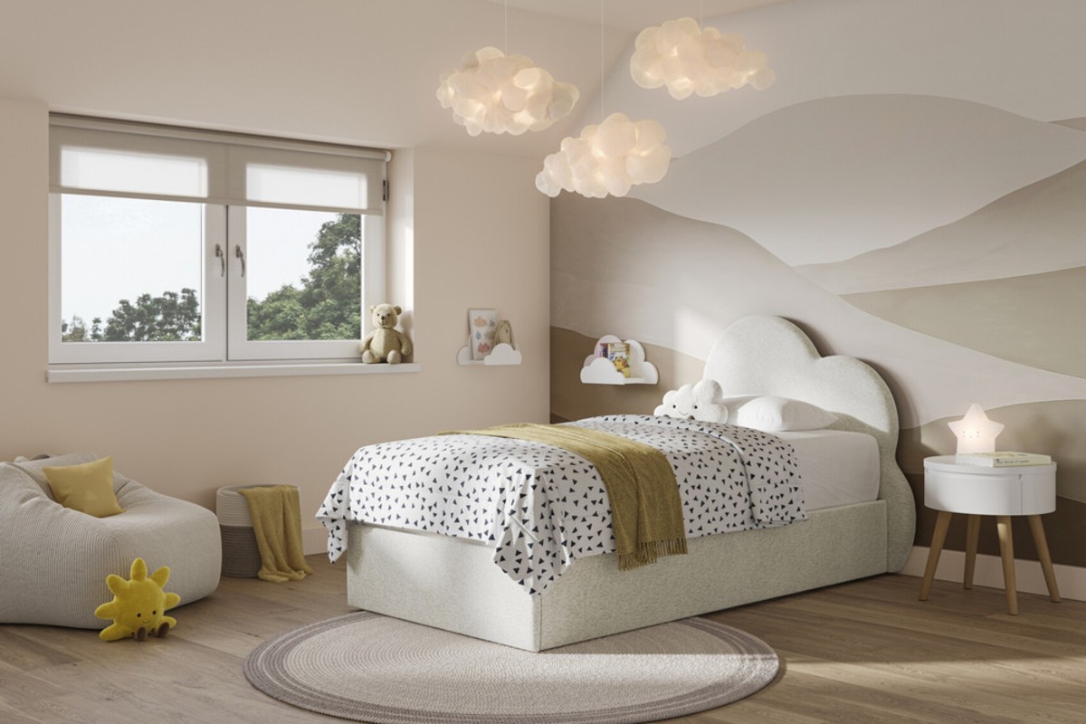The cream SleepyTime Haze boucle cloud headboard bed for kid set in a neural, calming bedroom design