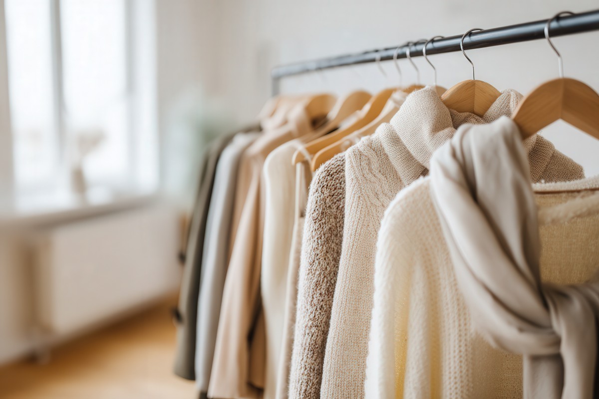 A collection of beige women's clothing hanging on an industrial metal rail; an example of a capsule wardrobe