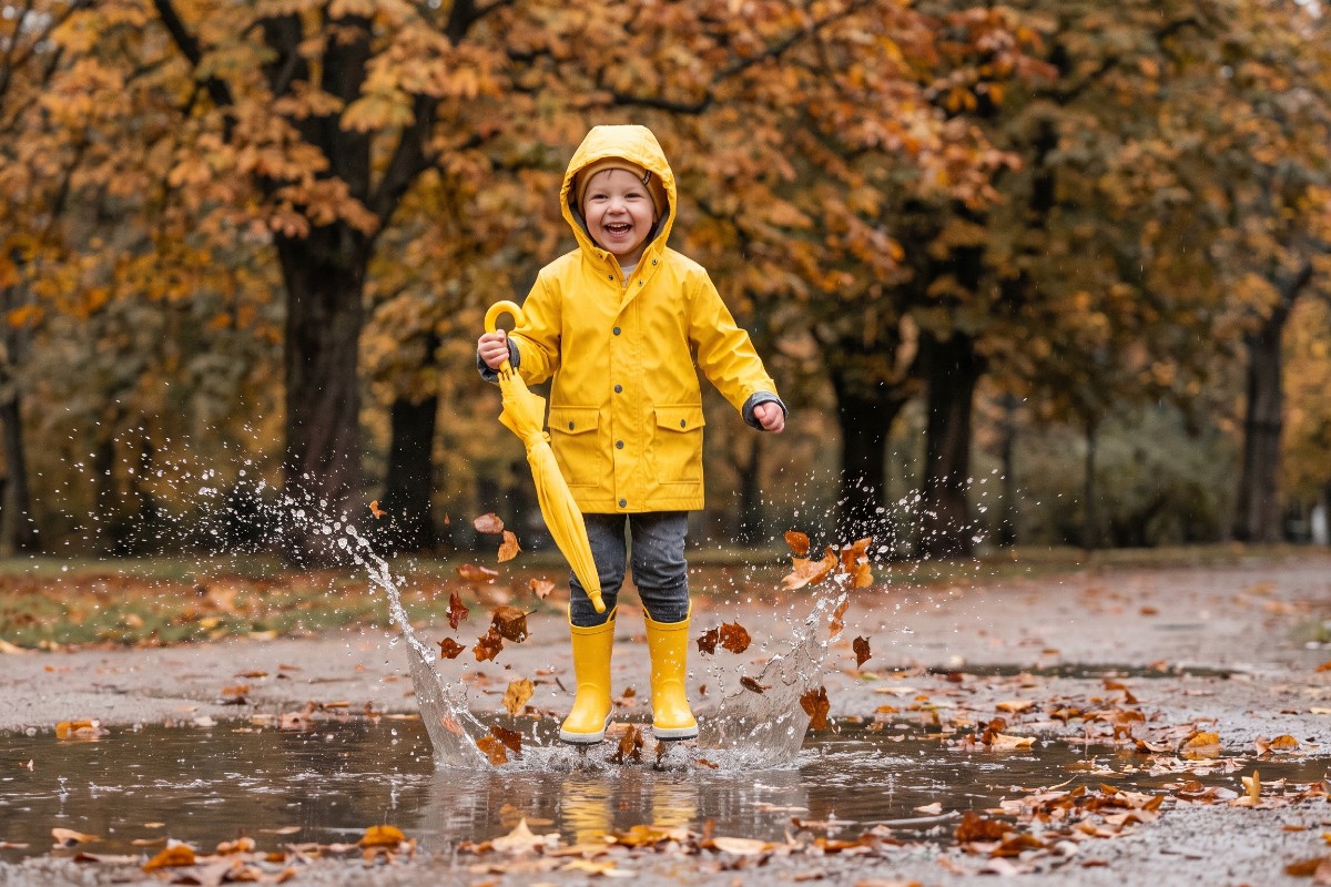 A child wearing a yellow coat and matching wellington boots, holding a closed yellow umbrella in one hand jumping in a large puddle surrounded by an autumn scene