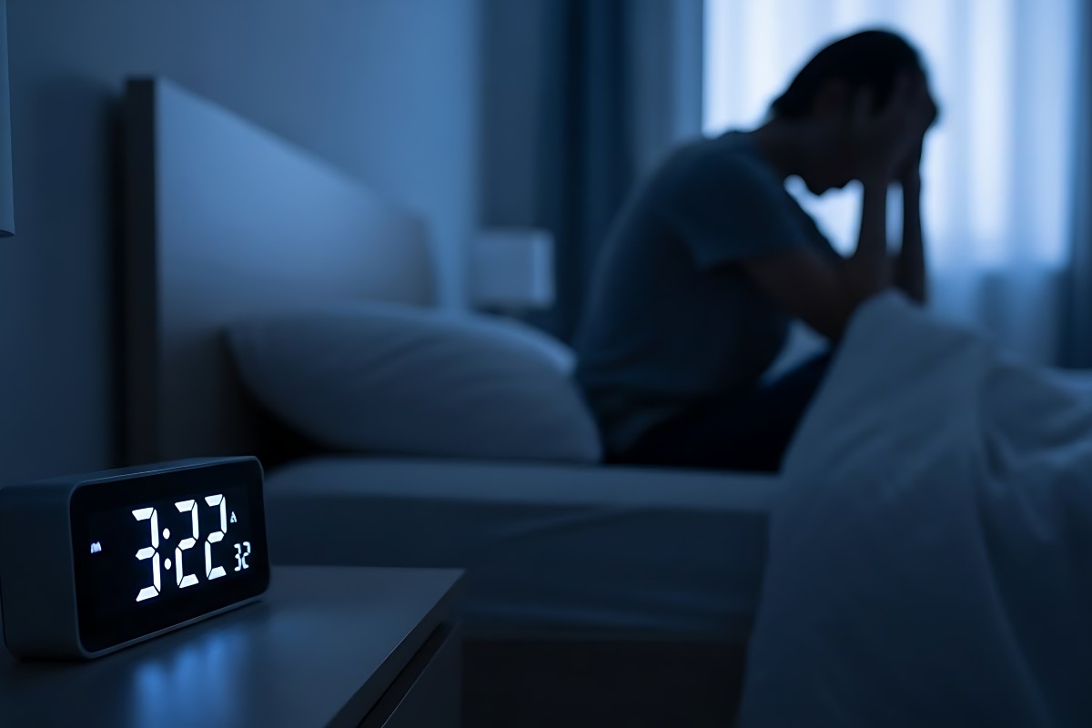 A clock reads 3:22am and in the background, a man is sat up in bed bowing his head in his hands as he battles with the stress of day to day life.