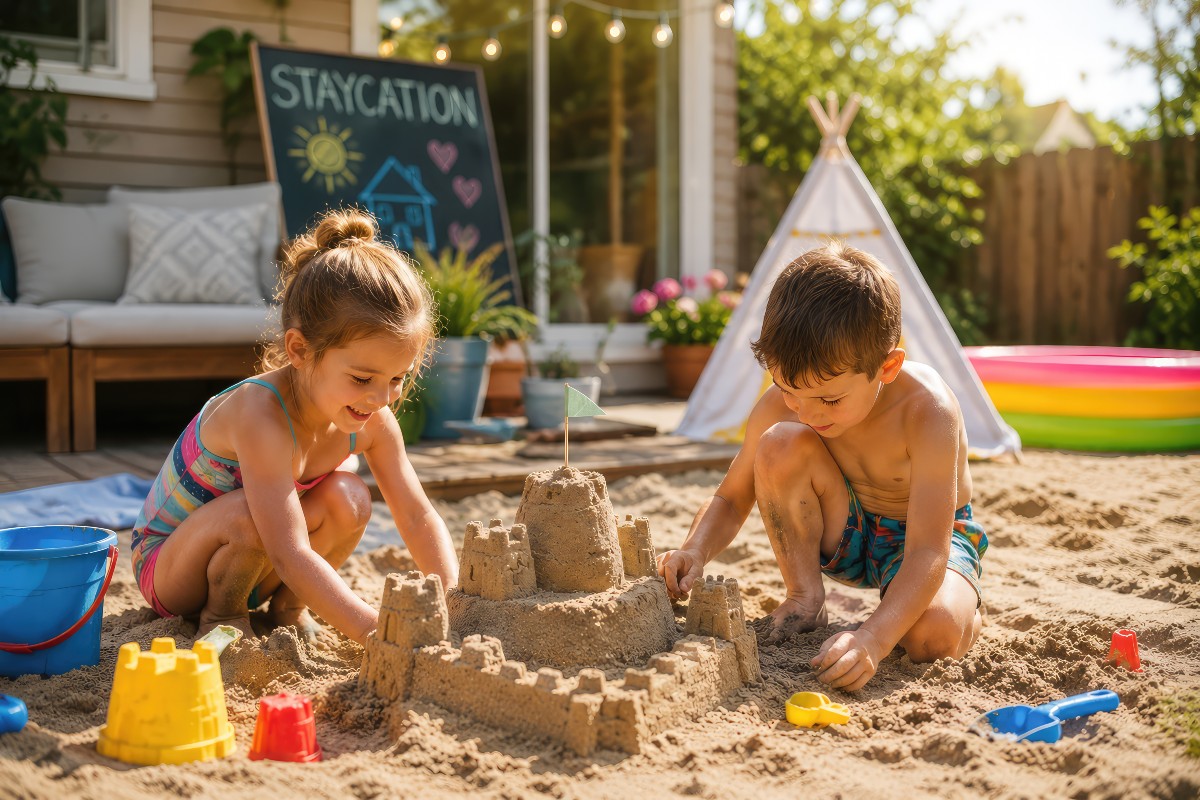 A brother and sister playing with sand in their back garden, a paddling pool and a wigwam tent behind them.