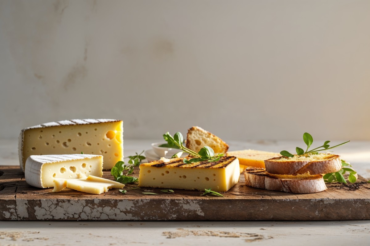 A selection of cheeses laid out on a wooden cheeseboard board