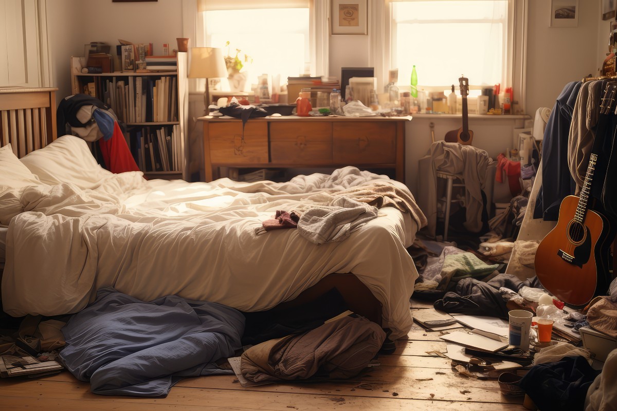 A messy bedroom with clothes and clutter spread across the bed, desk and floor.
