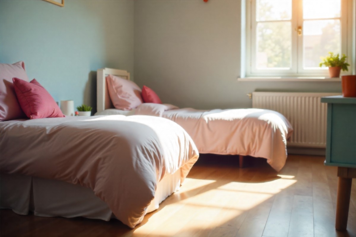 Empty twin beds in a bedroom