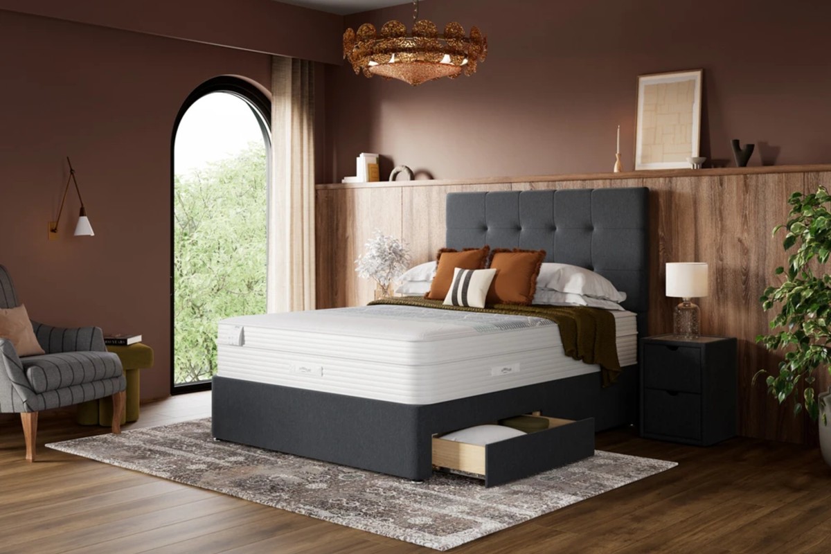 A dark grey divan base with drawers