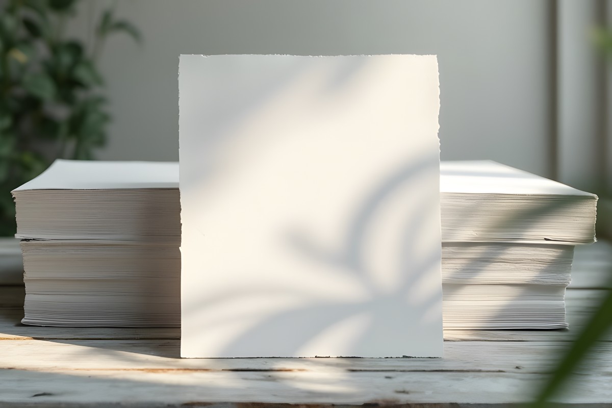 Light and shadows reflected on a stack of paperwork from an east facing window in the morning