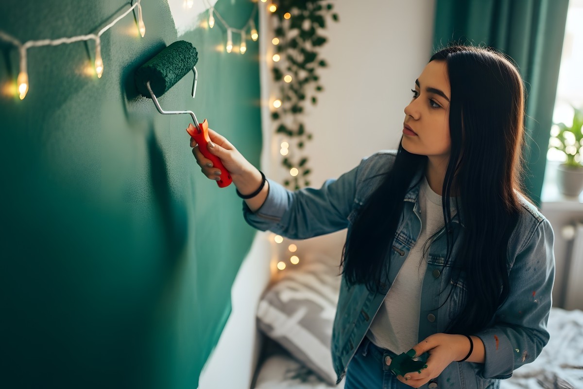 A woman applying emerald green paint to her bedroom walls using a paint roller