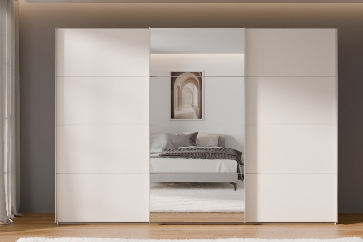 Stylish and minimalist feel white sliding wardrobe with a mirrored central panel