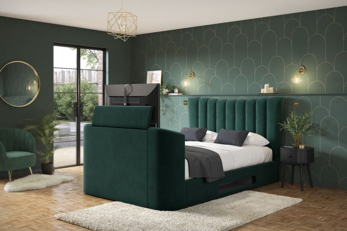 Esther TV bed upholstered in emerald green fabric