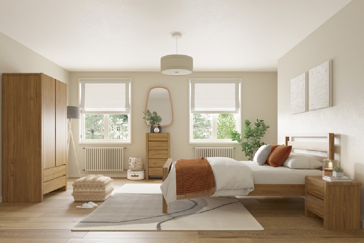 A bedroom set with a wooden furniture collection