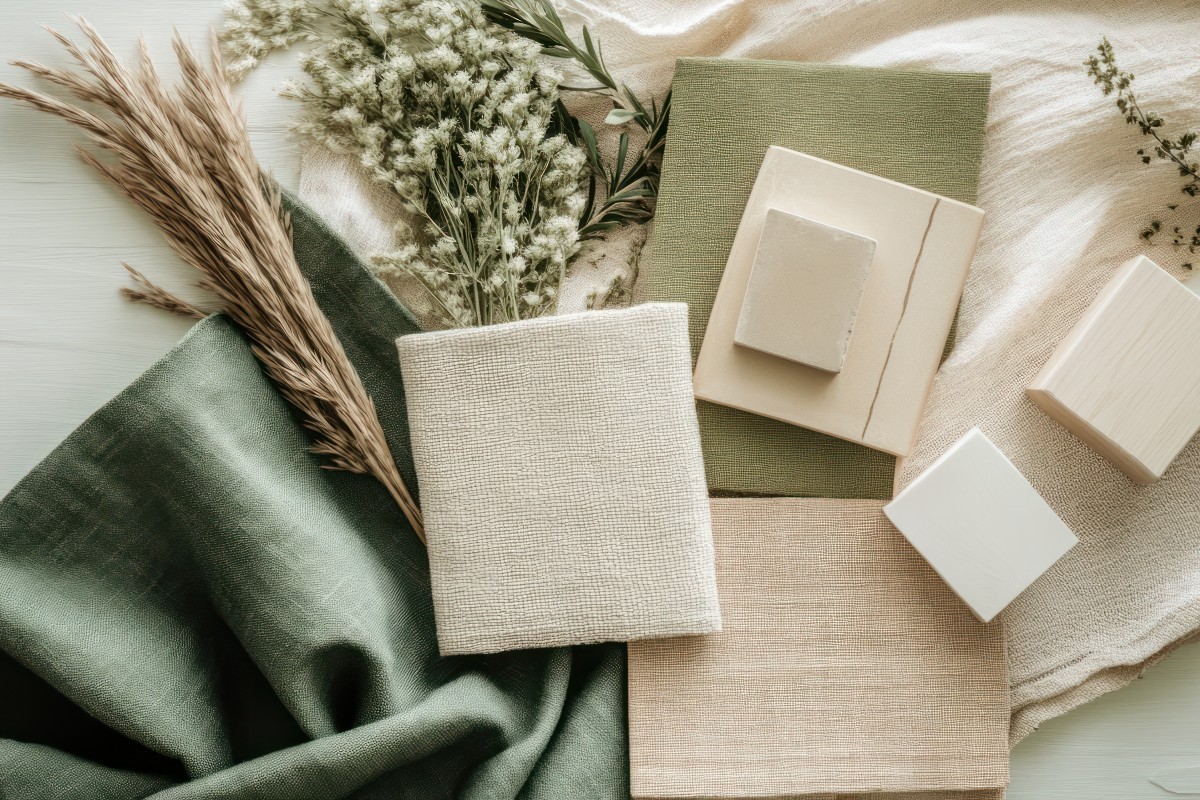 A collection of soothing green coloured fabrics paired with natural materials in beige.