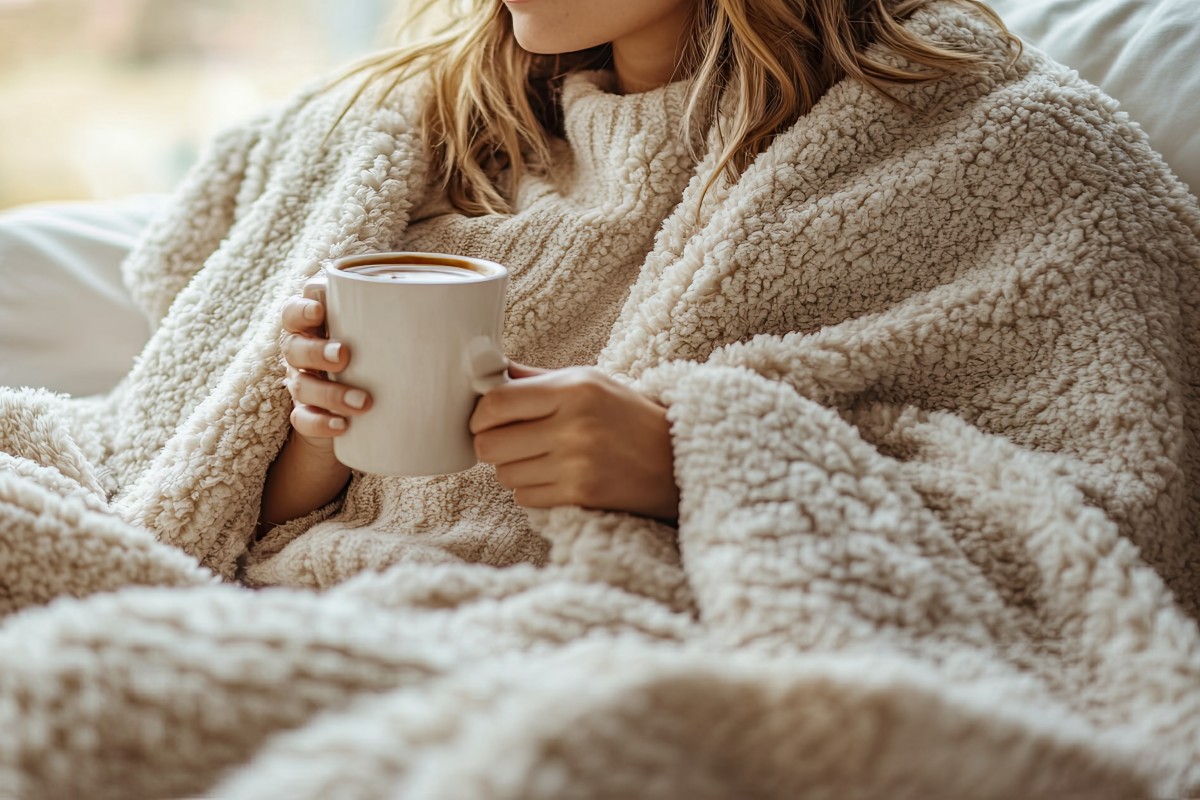 A woman snuggled up in bed with loads of fluffy blanket layers and a warm drink in her hand.