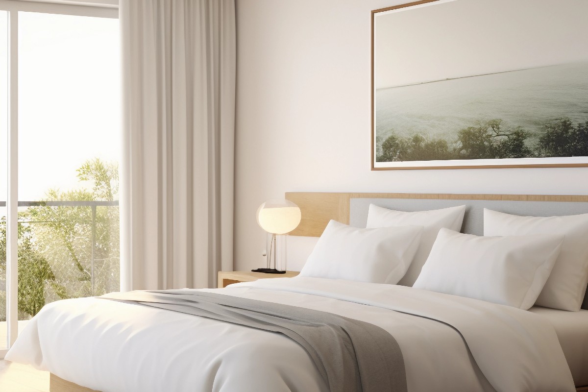 An AI-generated image of a classic hotel bedroom with a painting hung above the bed frame, neutral colours throughout and a large window in the background