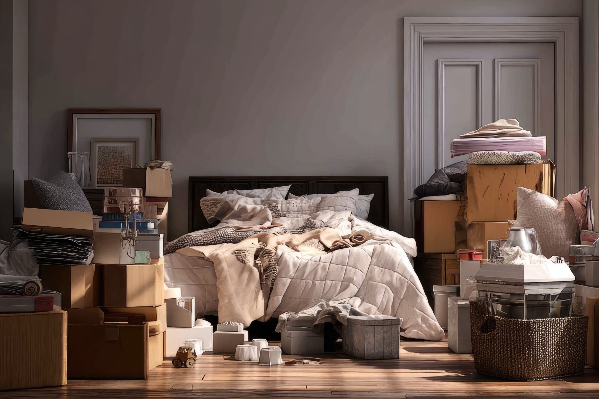 A cluttered bedroom with a bed surrounded by packed boxes and scattered belongings.
