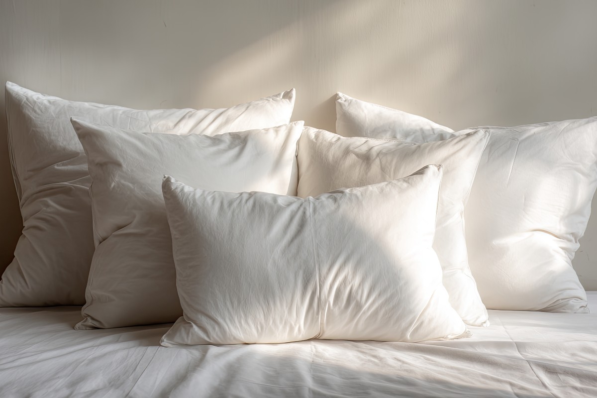 A pile of pillows stacked in a pyramid formation on a mattress