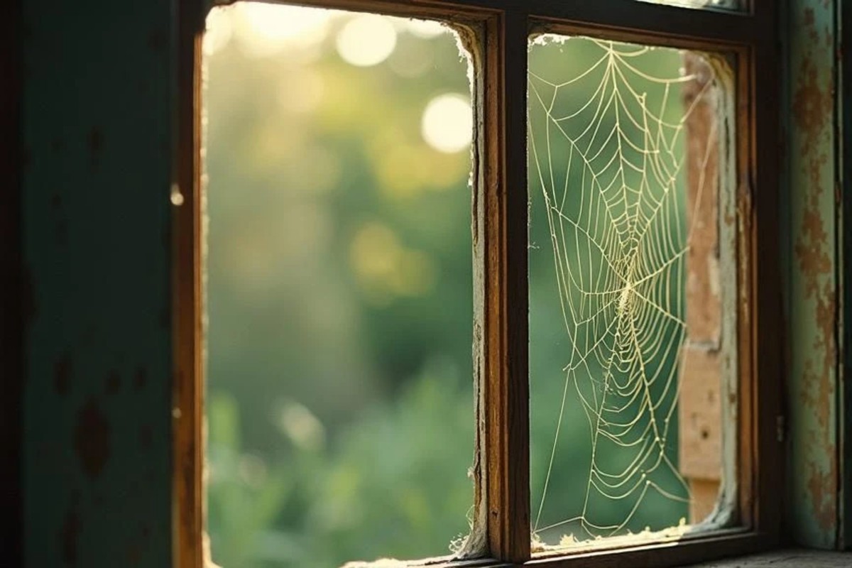 A spider's web on a rusty window