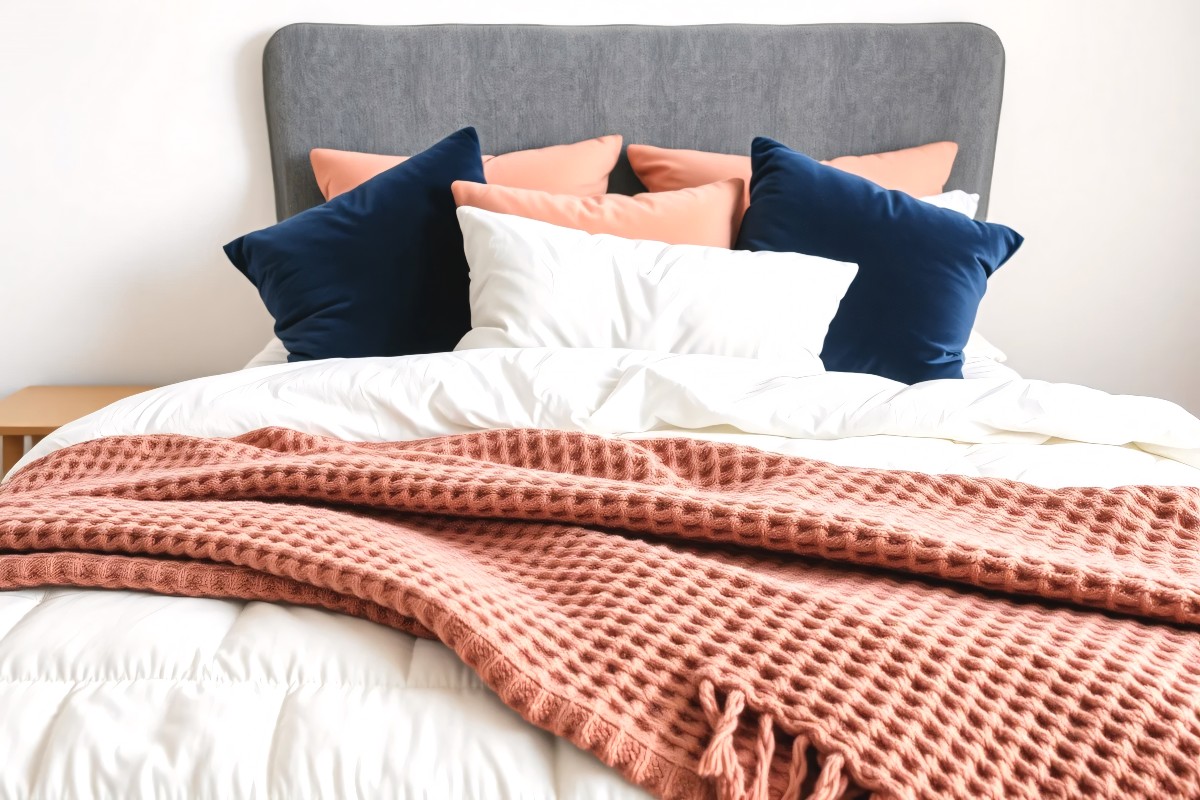 An image of a pink throw strewn across a bed in a casual fashion.