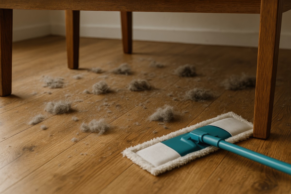 A collection of dust motes collected underneath a piece of bedroom furniture on a wooden laminate flooring.