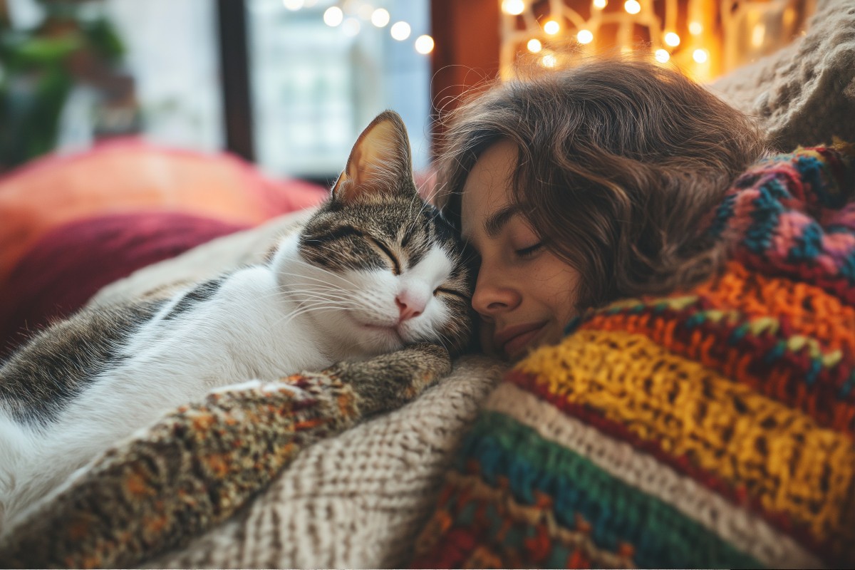 A woman and her cat snuggled under a blanket, heads touching as they both try to stay warm on a cold night