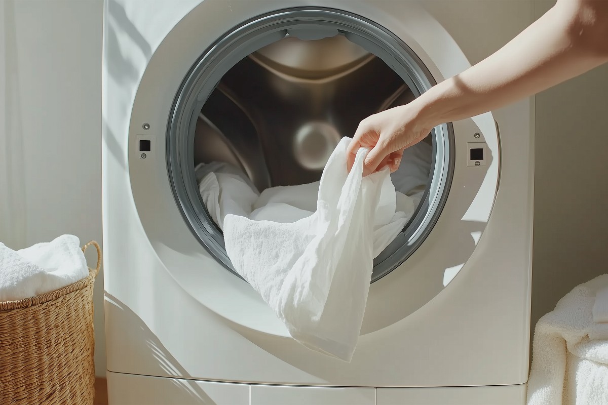 Someone unloading clean, fresh, white washing out of a washing machine