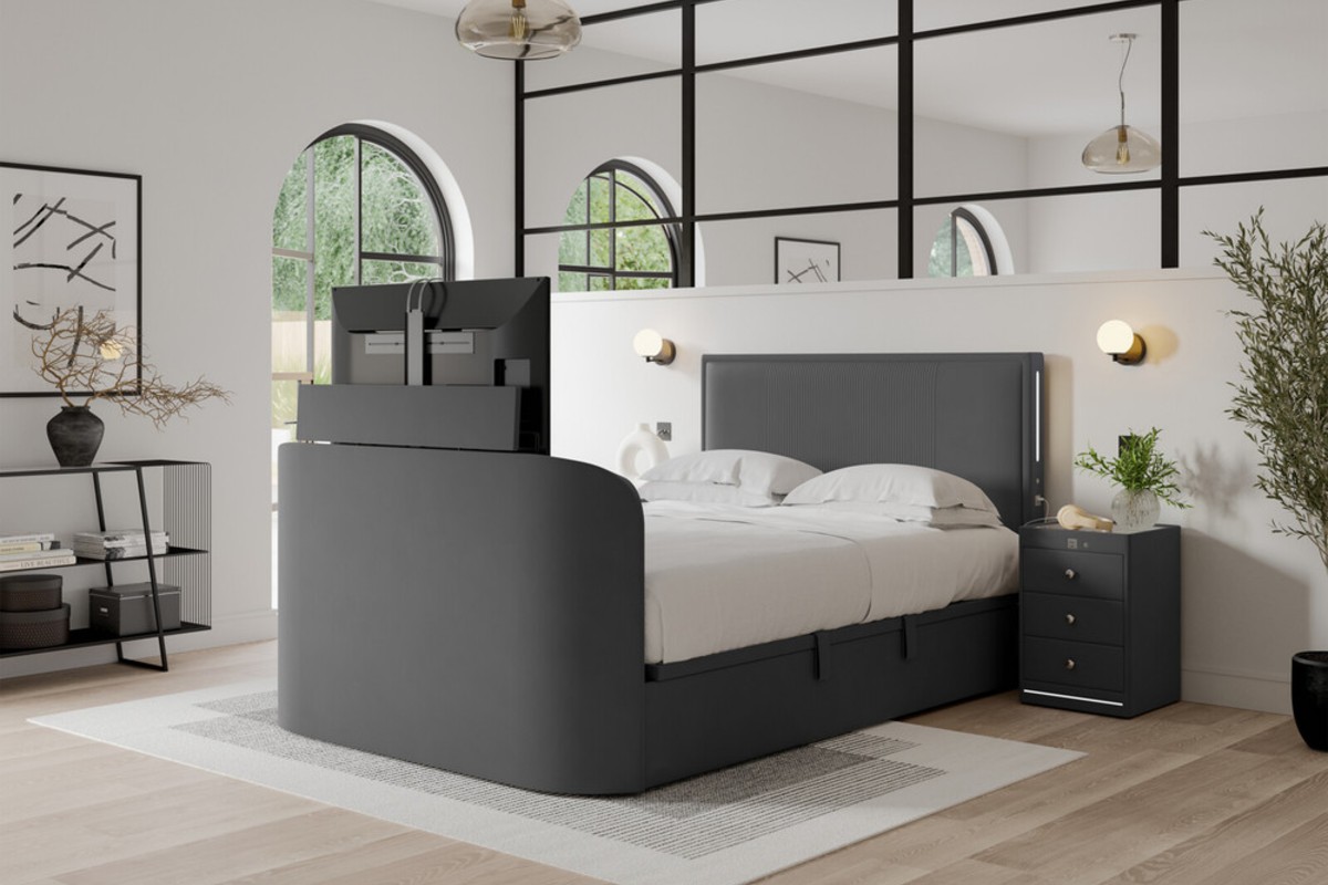 Linsbury Dark Grey Ottoman TV Storage Bed Frame With Dolby 2.1 Sound System