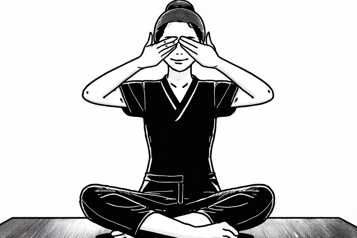 A Line drawing of a woman sat in the yoga pose for the Bhramari Pranayama Breathing Exercise