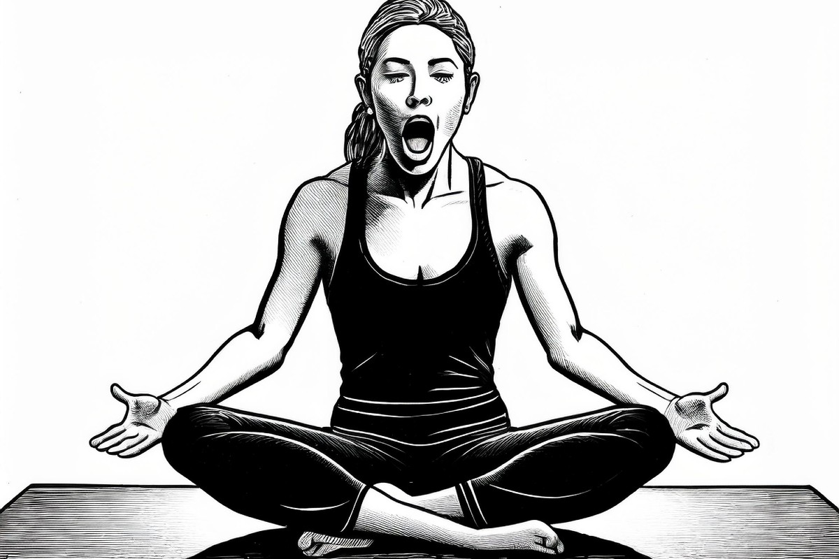 A line drawing of a woman in the yoga pose: Lion's Pose