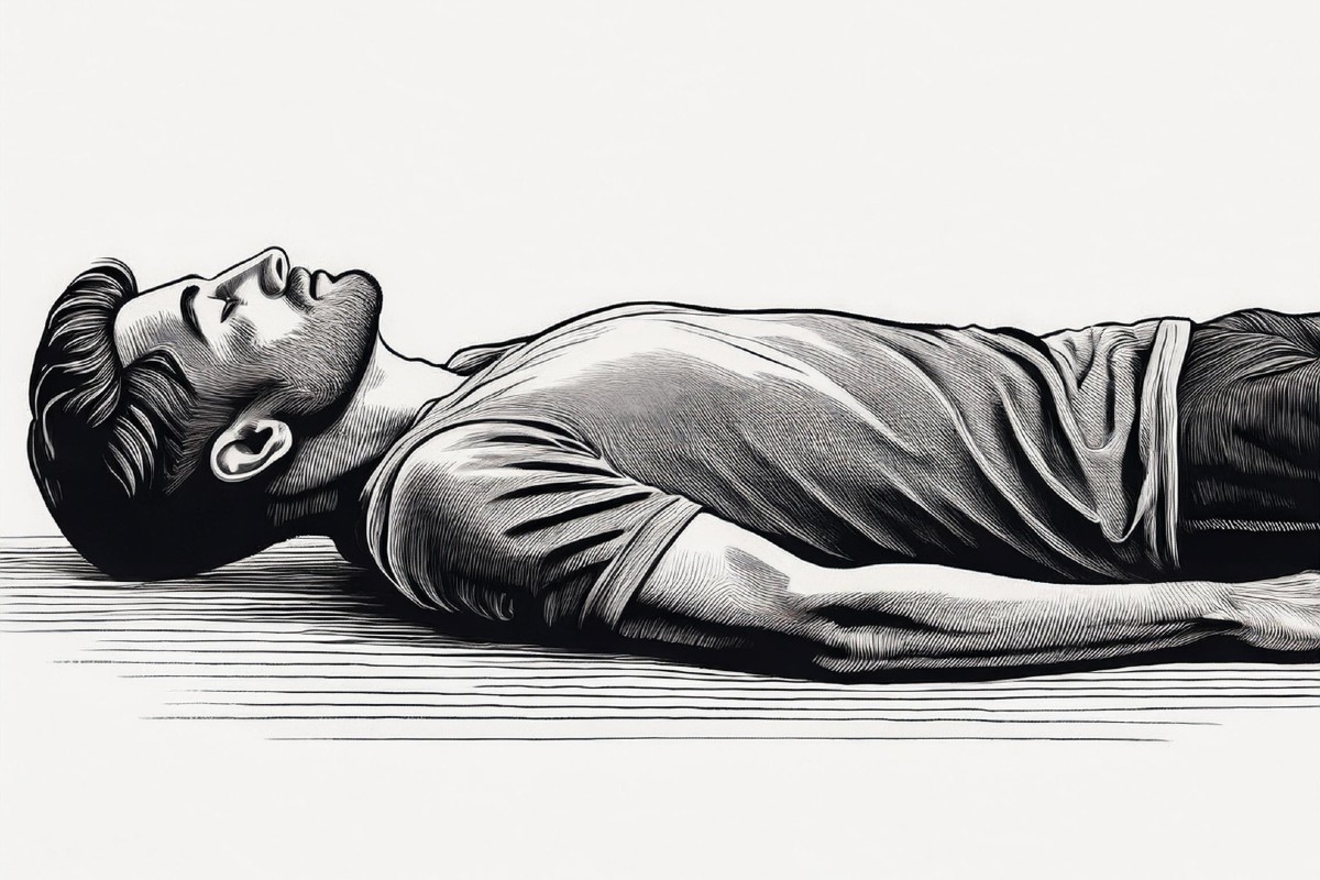 A line drawing of a man in the Shavasana yoga pose