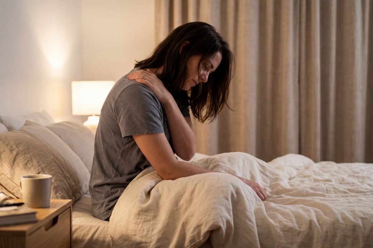 A woman sat up in bed, stretching out her neck and rubbing her right shoulder with her left arm