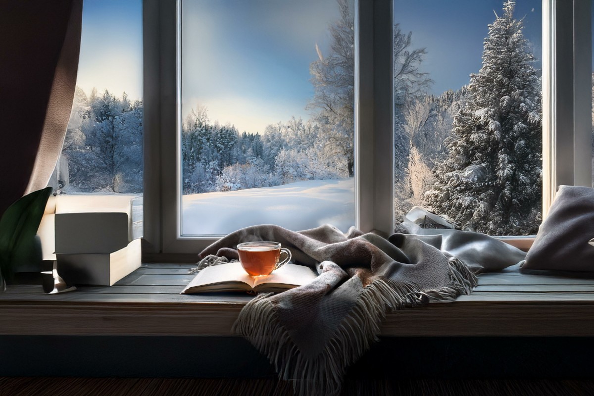 A warm cup of tea sat on a windowsill indoors while snow lies on the landscape outdoors.