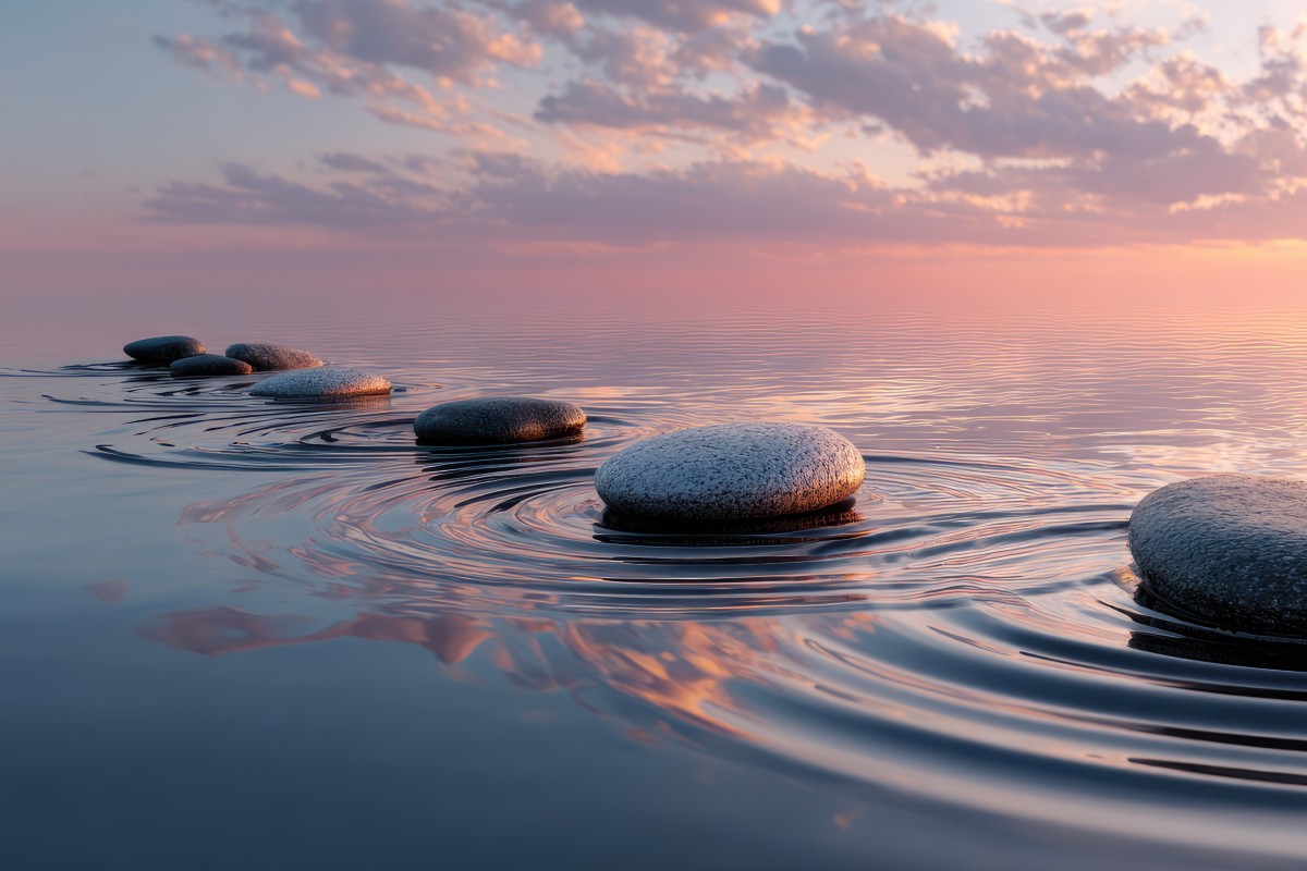 Stepping stones trailing off into an expanse of water silhouetted against a backdrop of a gloriously pink and blue sky as the sun sets.