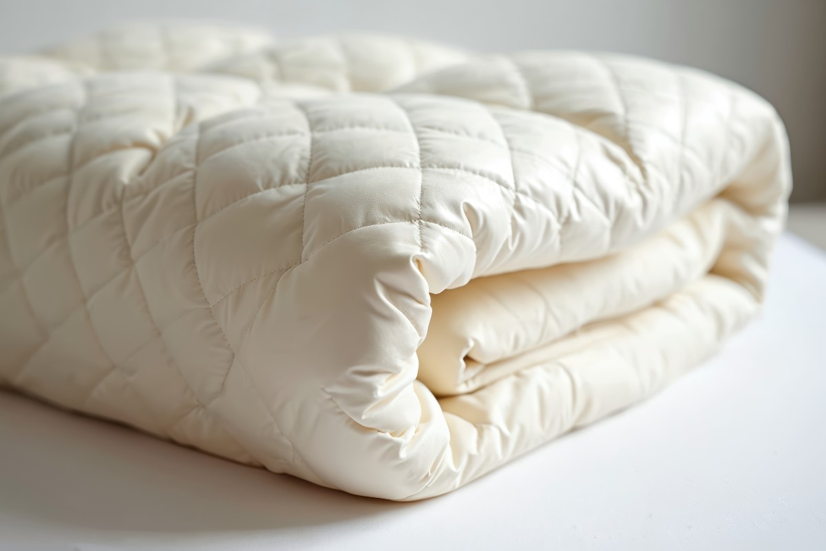 A quilted mattress protector neatly folded on top of a mattress