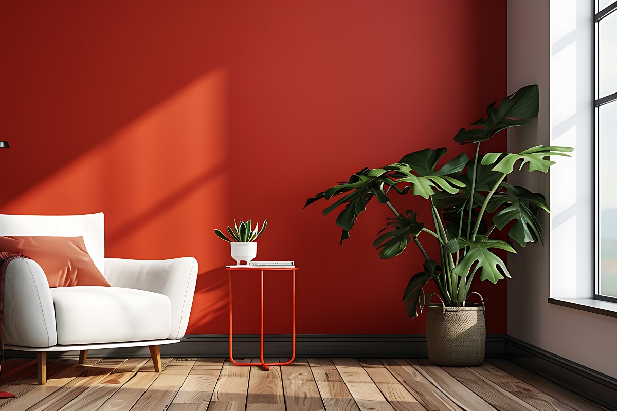 A white chair set against a red feature wall with a side table and a leafy green plant completing the effect.