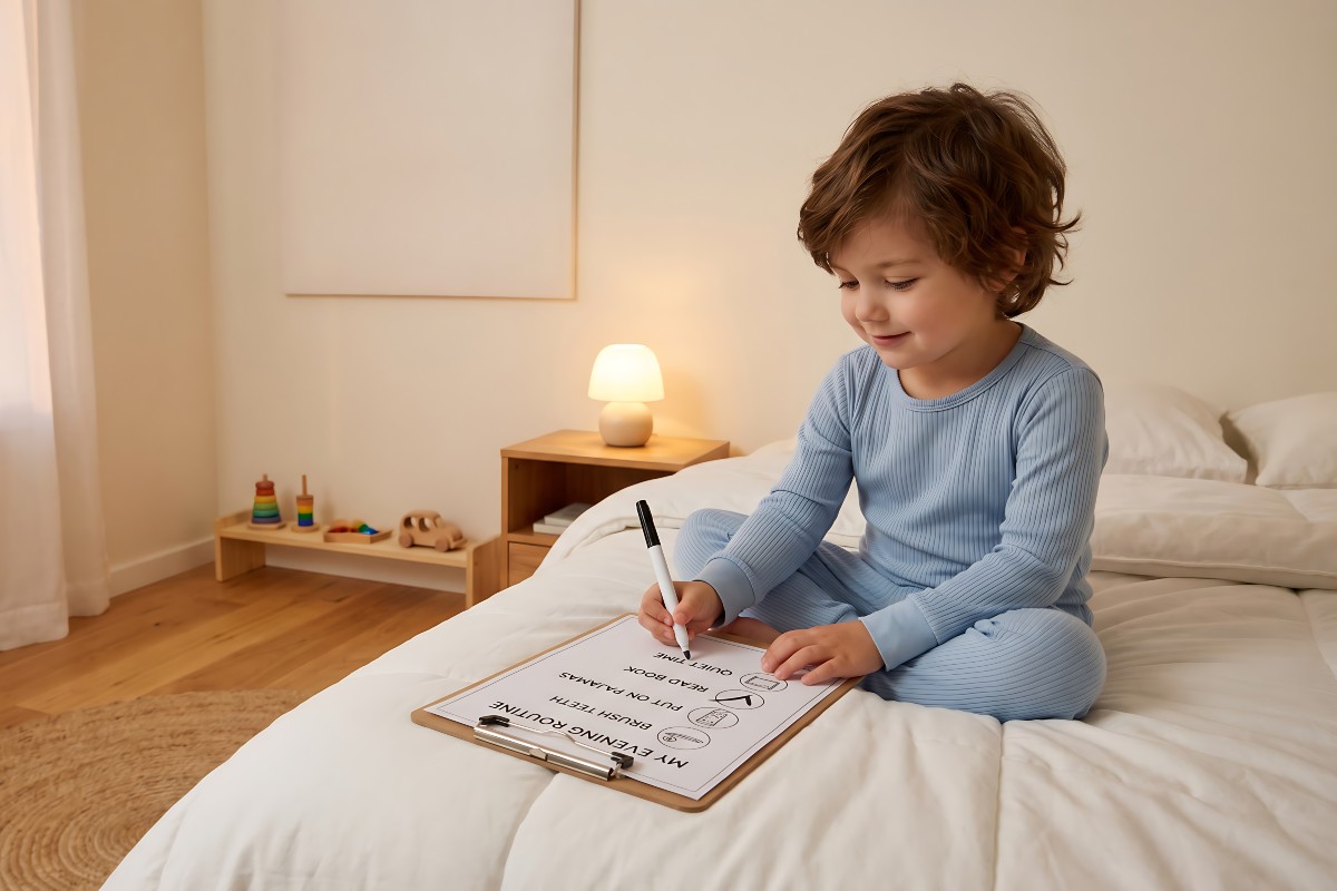 A child sat on his bed, crossing off the activities he's already completed on his bedtime routine list