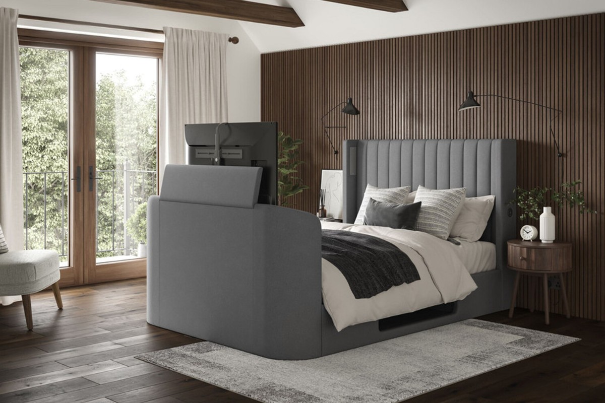 Black Friday TV Bed Deal: Saros TV bed in mid grey upholstery with surround sound - get 25% off now