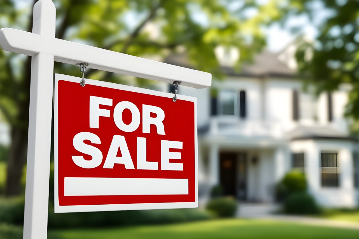 A red and white For Sale sign hanging on a wooden post outside of a detached house that is for sale.