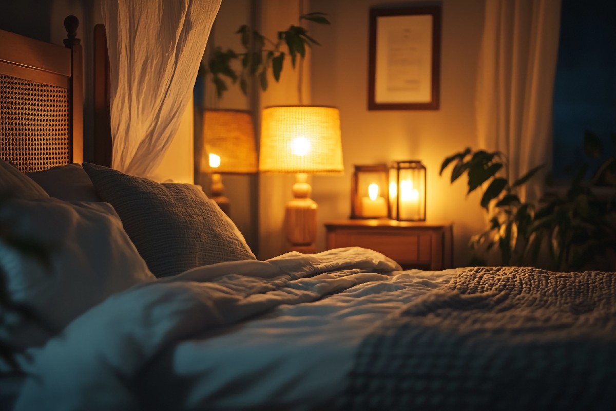 An empty bed bathed in a warm candlelit glow