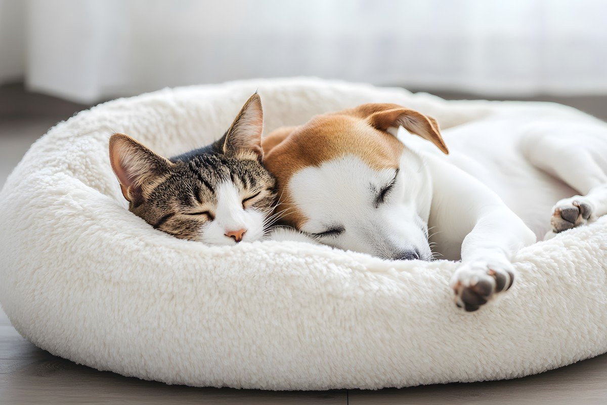 A dog and a cat curled up side by side in a cream boucle pet bed.
