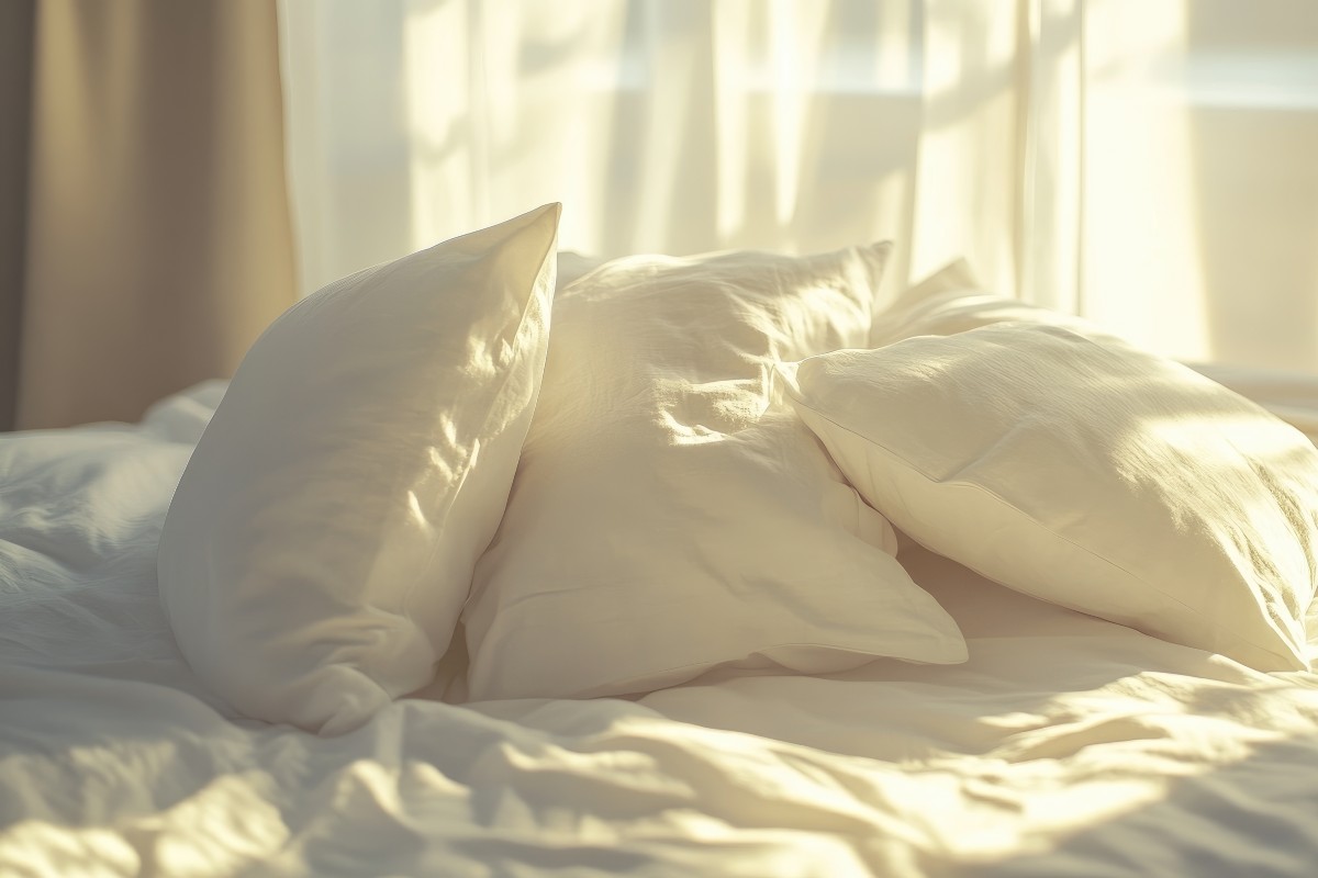 Lots of lovely daylight streaming in a south facing bedroom window casting a warm light on a pile of pillows